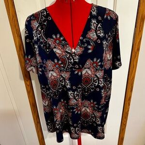 Dana Buchman Paisley V-Neck Blouse - Navy and Rust
